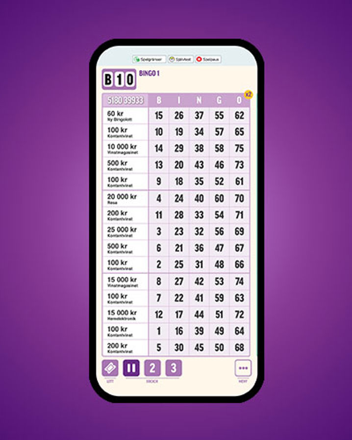 En mobiltelefon som visar upp en digital bingolotto-bricka