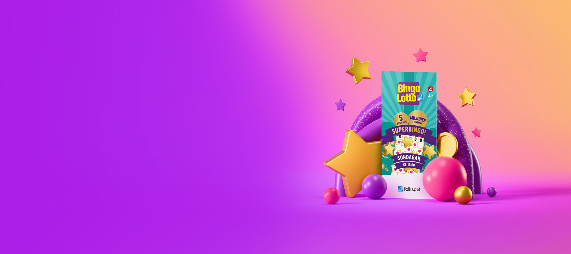 En Superbingolott bredvid stjärnor, mynt och bingobollar, mot en färgglad bakgrund