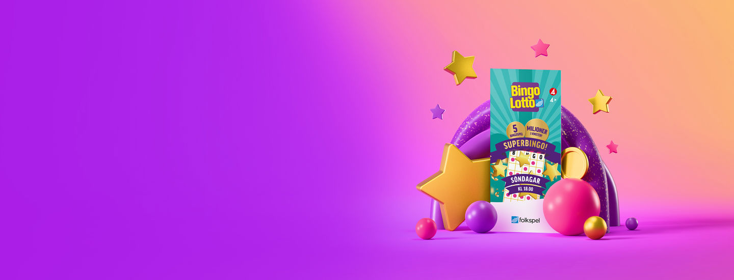 En Superbingolott bredvid stjärnor, mynt och bingobollar, mot en färgglad bakgrund