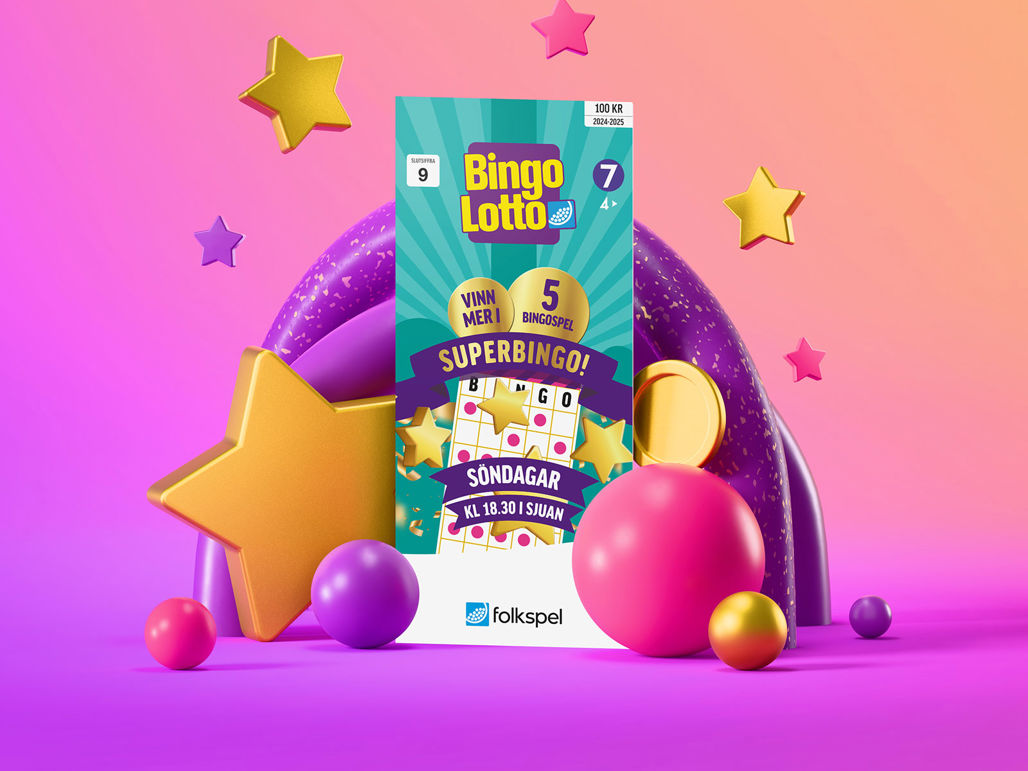 En Superbingolott bredvid stjärnor, mynt och bingobollar, mot en färgglad bakgrund