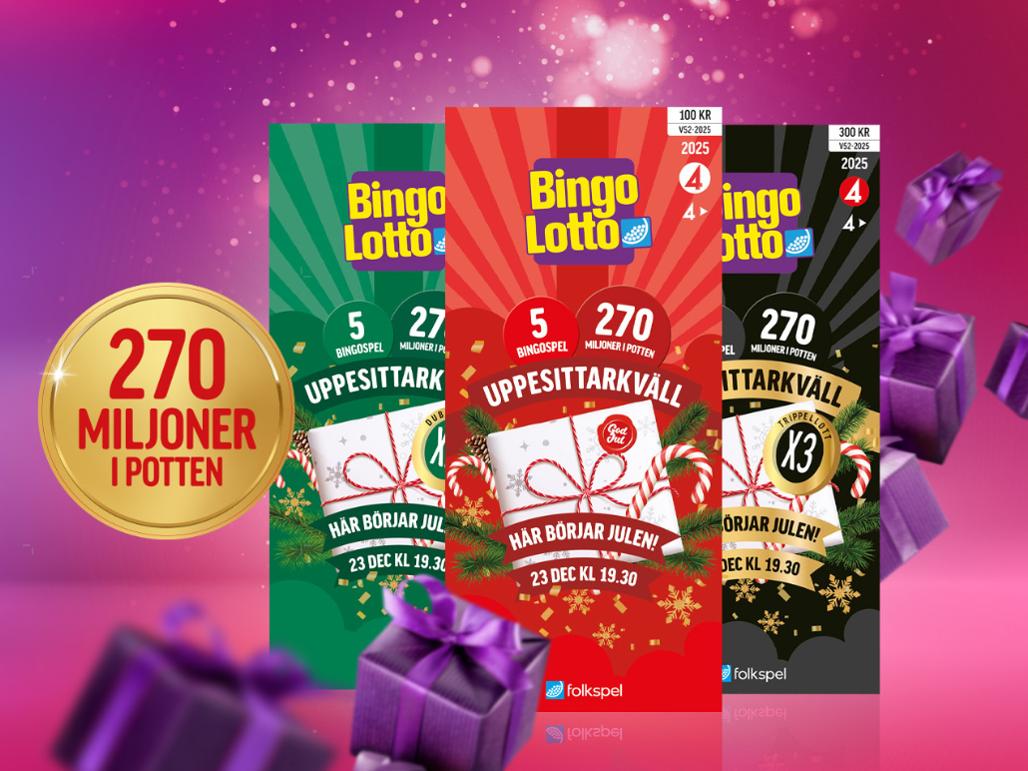 Tre Bingolotter till uppesittaren med lila paket runtomkring