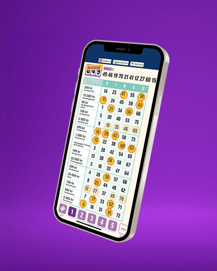 Telefon som visualiserar BingoLottos app, mot en lila bakgrund