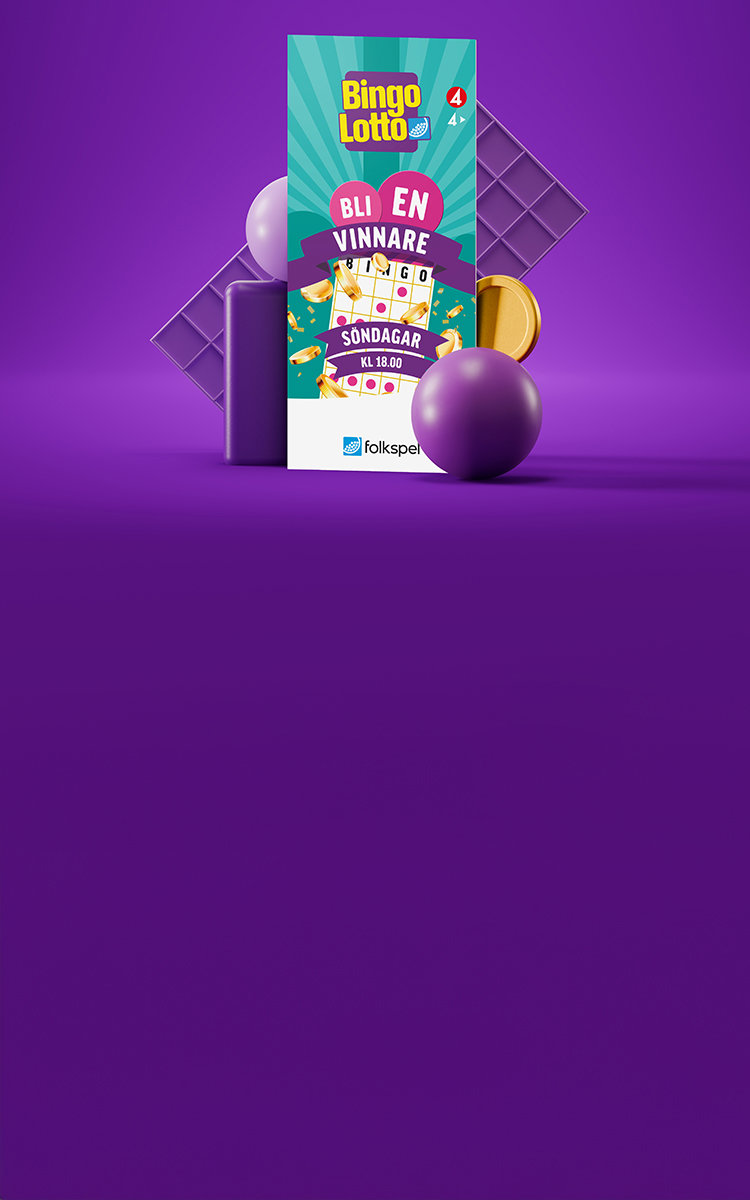 Bingolott intill en spelbricka, ett mynt och bingobollar, mot en lika bakgrund