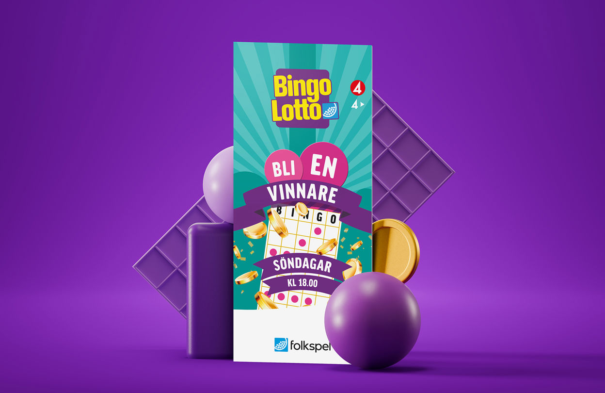 Bingolott intill en spelbricka, ett mynt och bingobollar, mot en lika bakgrund
