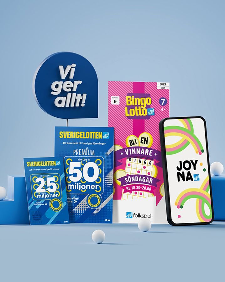 Bild med flera Folkspel-produkter: Sverigelotten, JOYNA, Bingolotto och Skraplotter, mot en blå bakgrund.