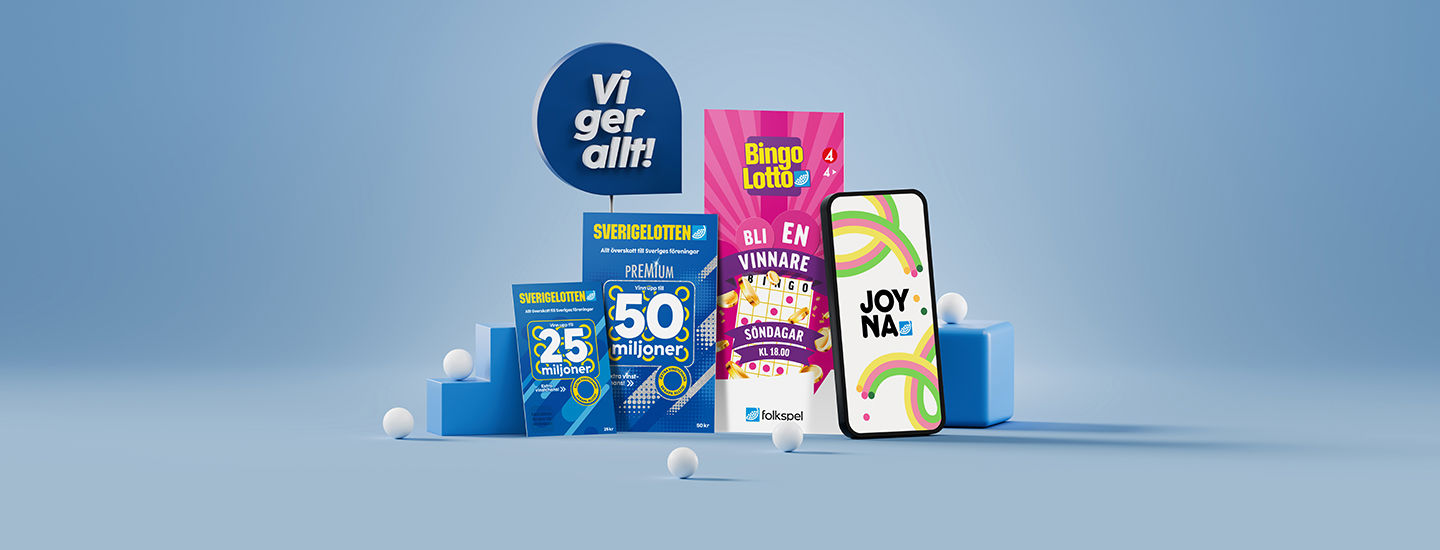 Olika lotter från Folkspel, inklusive Sverigelotten och andra spel, presenterade mot en blå bakgrund.