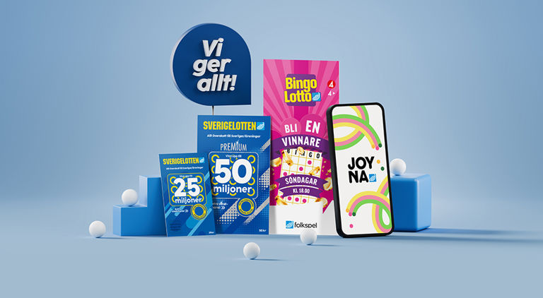 Olika lotter från Folkspel, inklusive Sverigelotten och andra spel, presenterade mot en blå bakgrund.