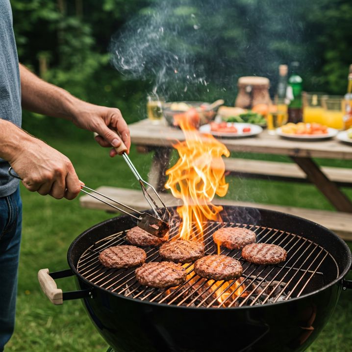 en man som grillar hamburgare på en rund grill