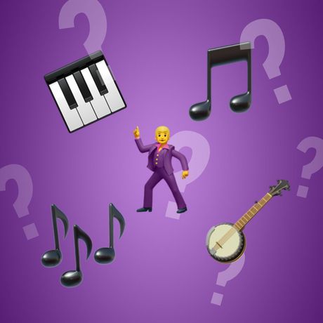 En lila bild med inklippta emojis som rör musik
