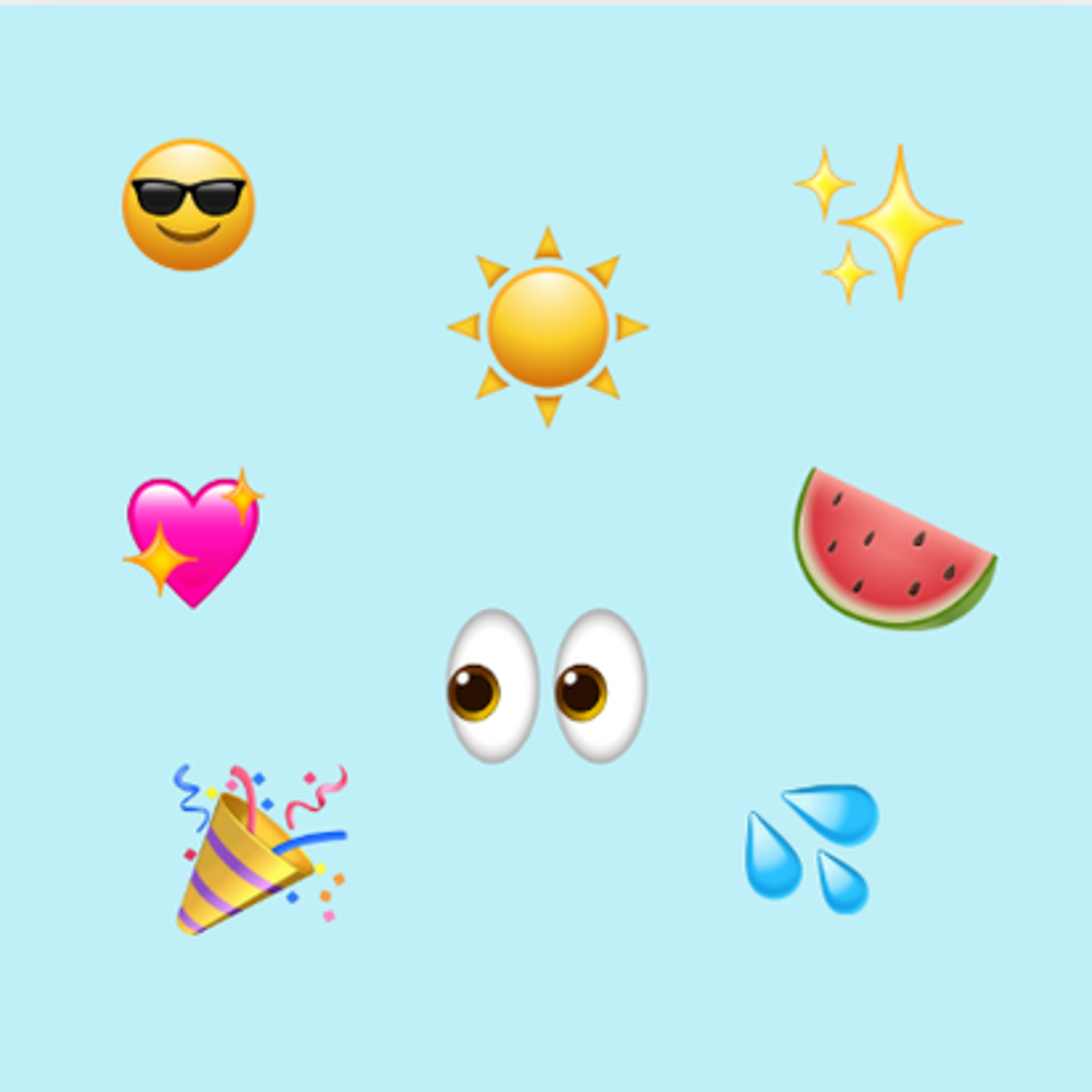 Emojis mot blå bakgrund: solglasögon, sol, stjärnglans, hjärta, ögon, melon, partyhatt och vattendroppar.