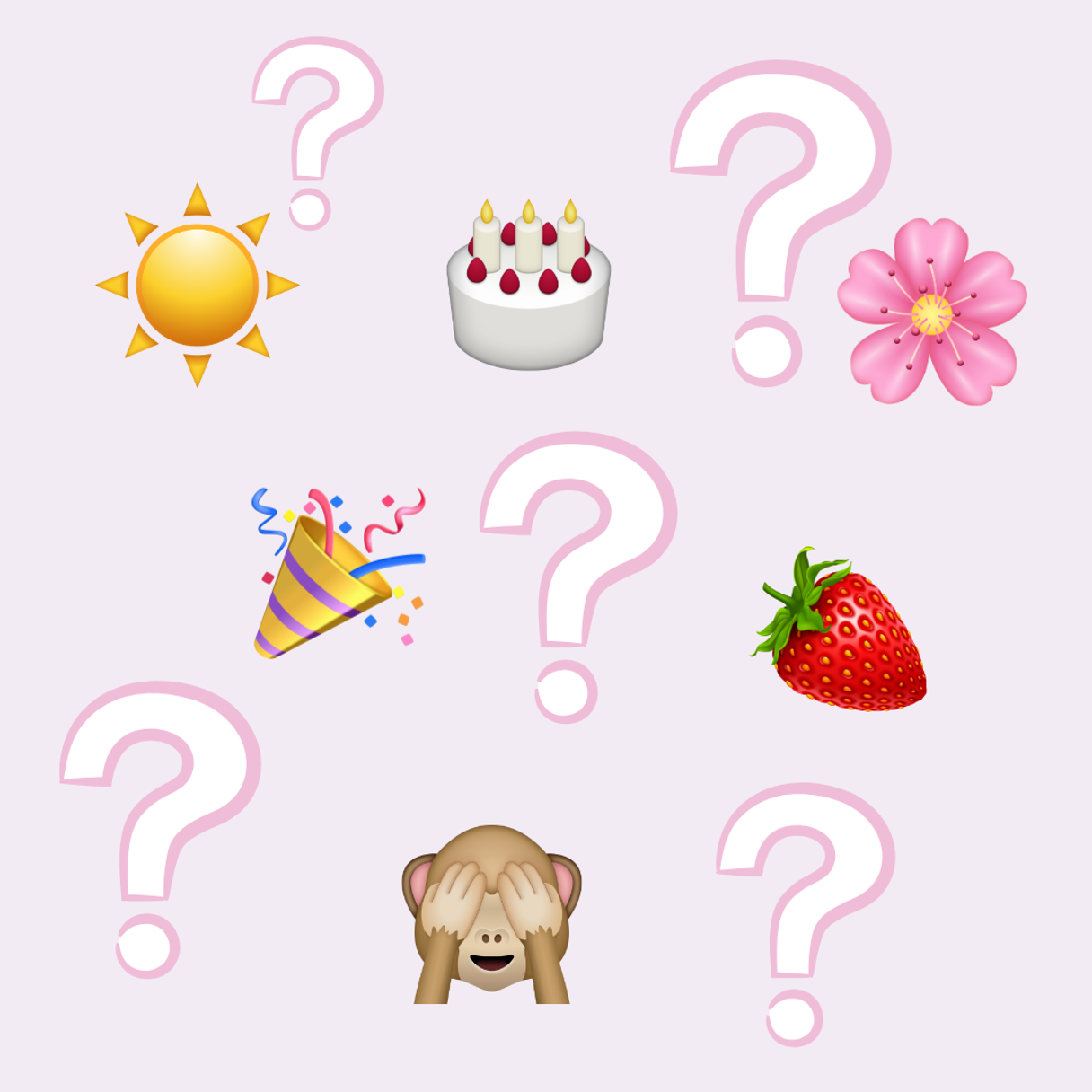 Emojis med sol, tårta, blomma, partyhatt, jordgubbe och apa som håller för ögonen, omgivna av rosa frågetecken.