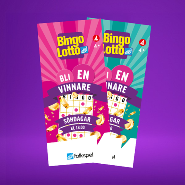 Två bingolotter mot lila bakgrund.