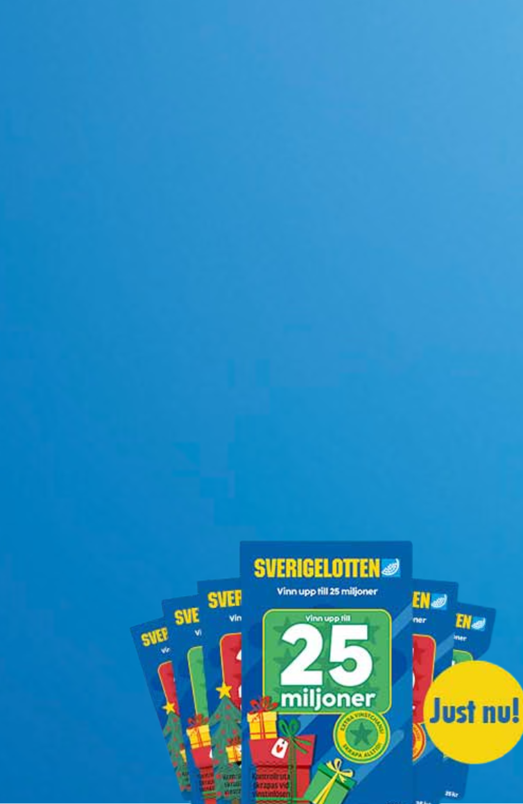 Julinspirerade Sverigelotter mot blå bakgrund med text om att få extra lotter vid prenumeration.