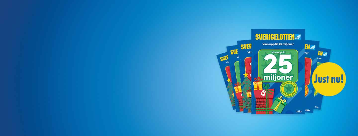 Julinspirerade Sverigelotter mot blå bakgrund med text om att få extra lotter vid prenumeration.