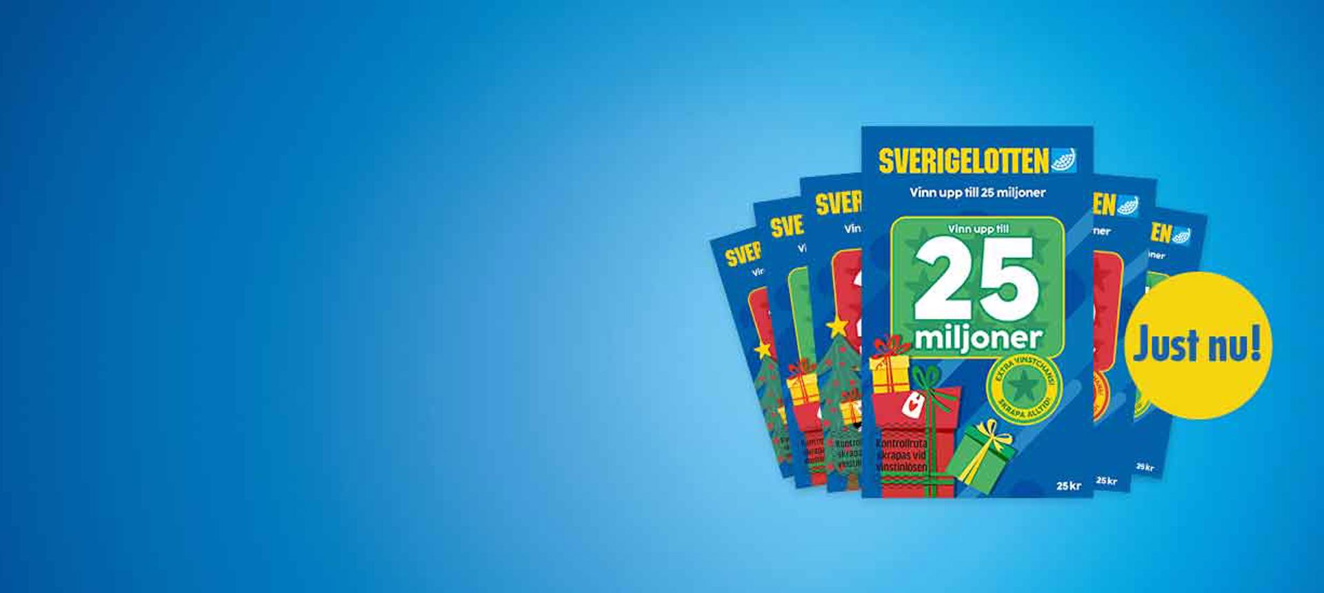 Julinspirerade Sverigelotter mot blå bakgrund med text om att få extra lotter vid prenumeration.