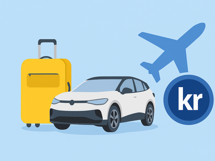 Illustration av bil, resväska, flygplan och kron-symbol.