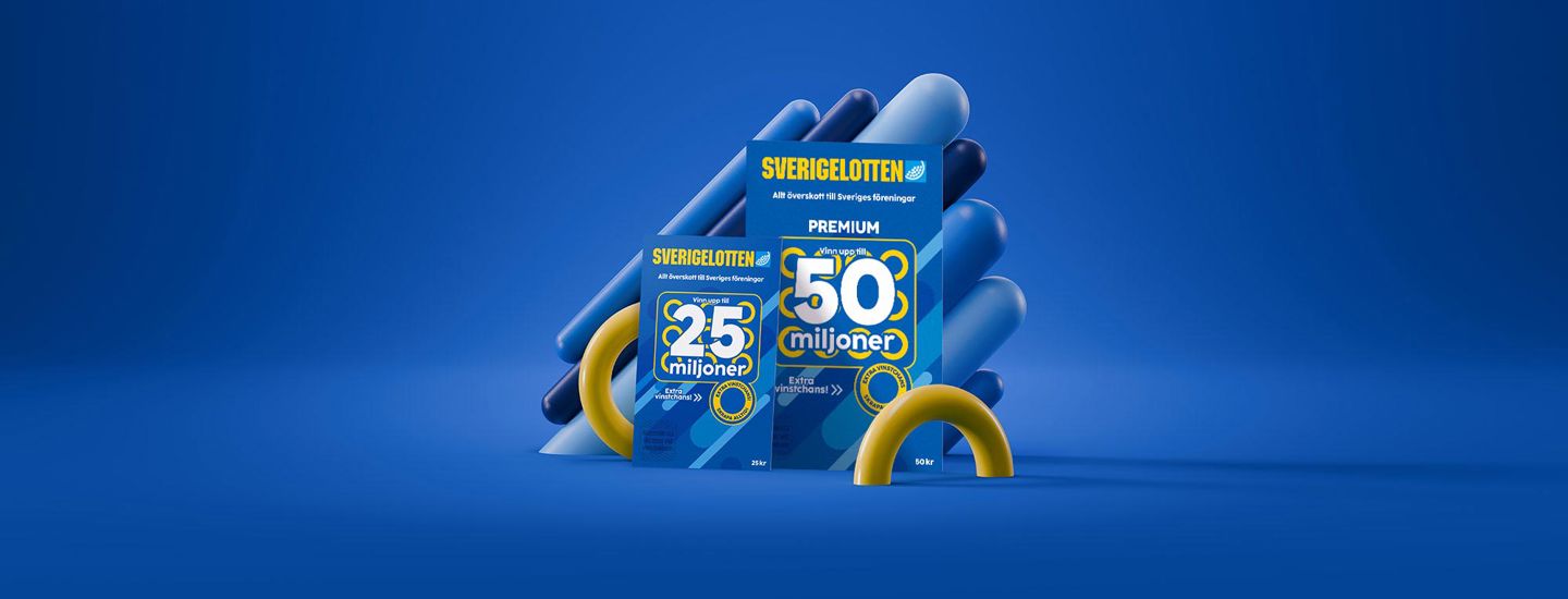 Sverigelotten 25 och 50 kronor lotter mot blå bakgrund, med text om vinstchans upp till 50 miljoner kronor.