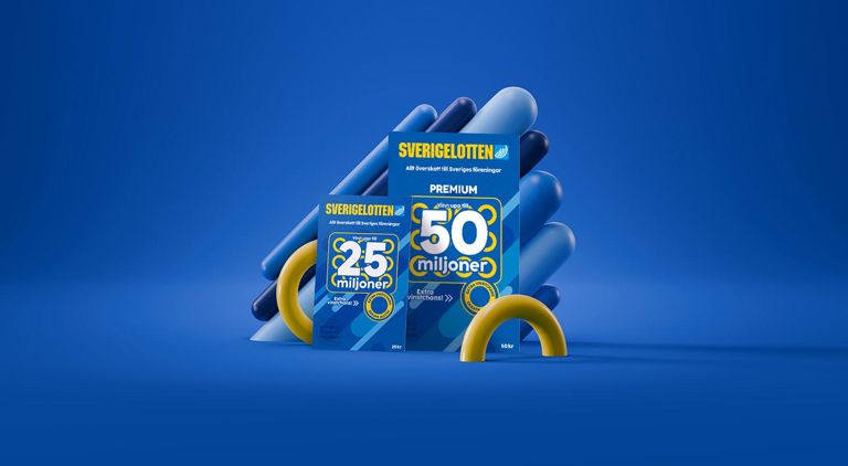 Sverigelotten 25 och 50 kronor lotter mot blå bakgrund, med text om vinstchans upp till 50 miljoner kronor.