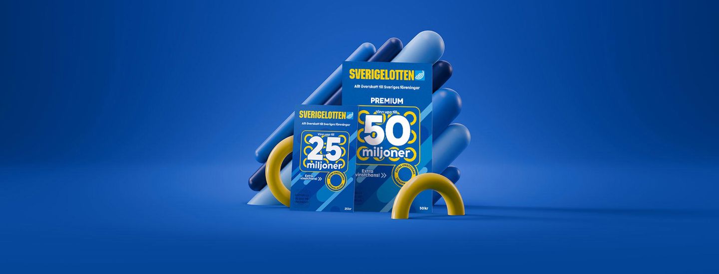 Sverigelotten 25 och 50 kronor lotter mot blå bakgrund, med text om vinstchans upp till 50 miljoner kronor.