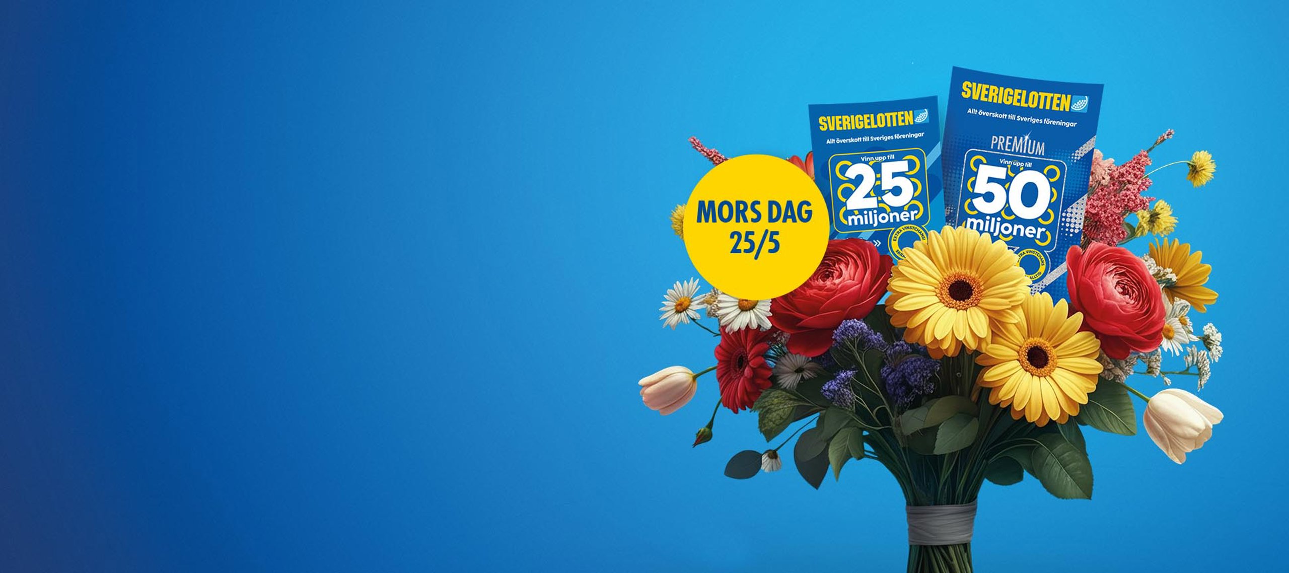 Bukett med blommor och Sverigelotter, kampanjbild för Mors dag med texten "Mors dag 25/5"