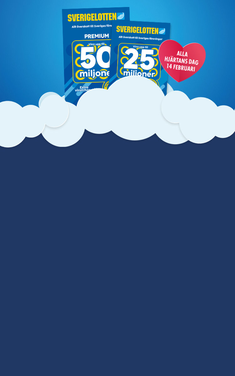 Två stycken sverigelotter på ett moln med en blå bakgrund och ett hjärta