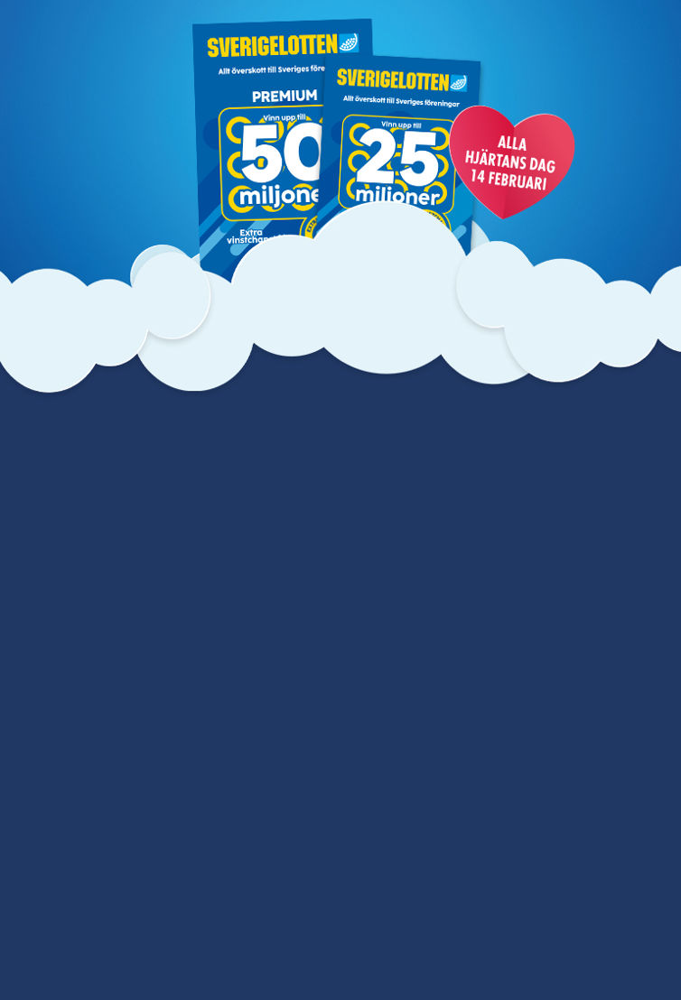 Två stycken sverigelotter på ett moln med en blå bakgrund och ett hjärta