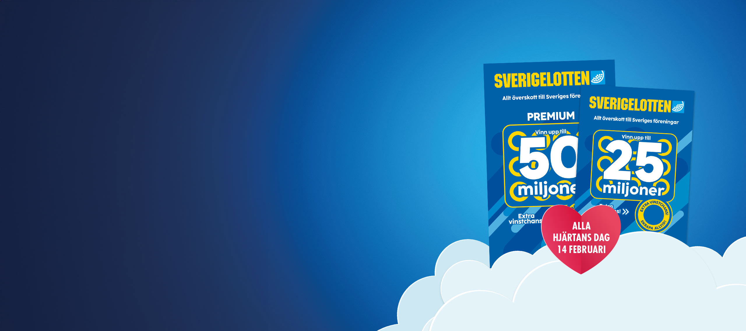 Två stycken sverigelotter på ett moln med en blå bakgrund och ett hjärta