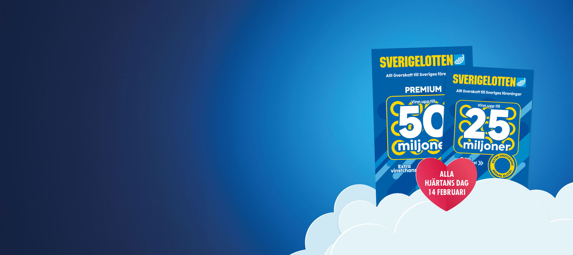 Två stycken sverigelotter på ett moln med en blå bakgrund och ett hjärta