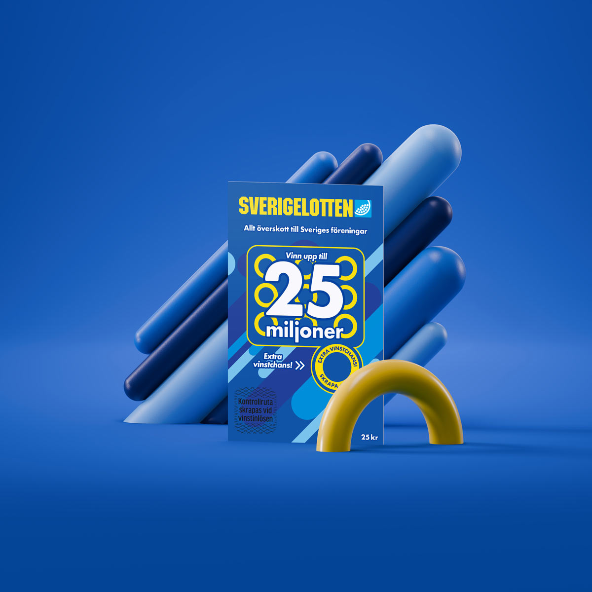Ett stilleben av en sverigelott, streck i olika blå nyanser och en sverigelotten-cirkel i gult på en Sverigelotten-blå bakgrund