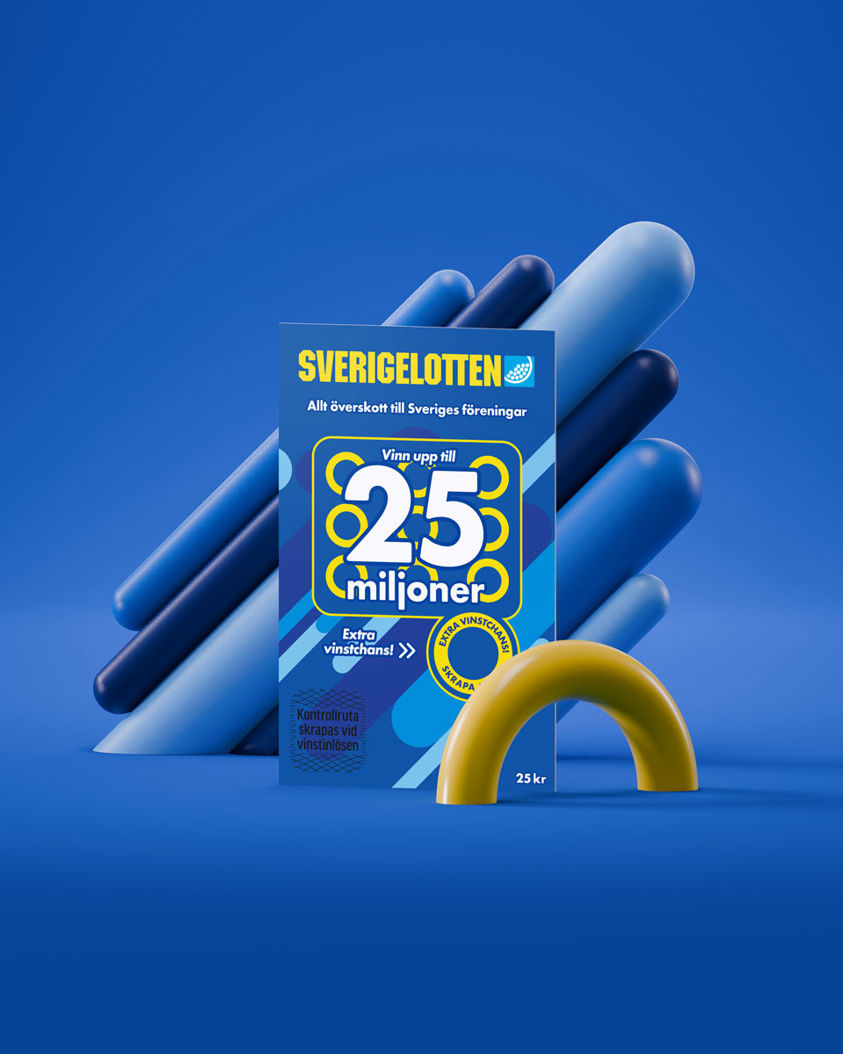 Ett stilleben av en sverigelott, streck i olika blå nyanser och en sverigelotten-cirkel i gult på en Sverigelotten-blå bakgrund