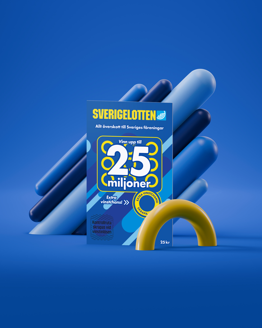 Ett stilleben av en sverigelott, streck i olika blå nyanser och en sverigelotten-cirkel i gult på en Sverigelotten-blå bakgrund