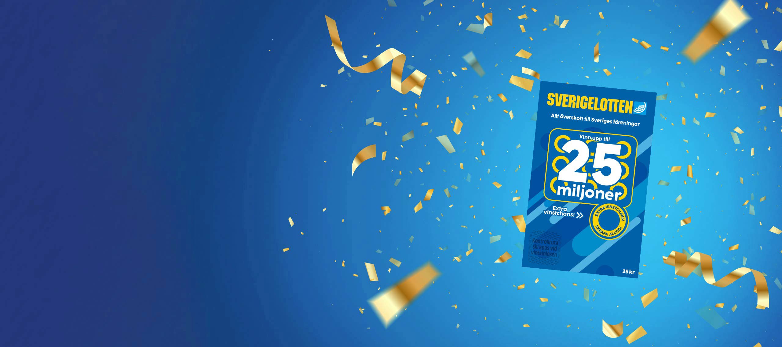 Illustration av Sverigelotten med texten 25 miljoner – rekordvinst firas med konfetti.